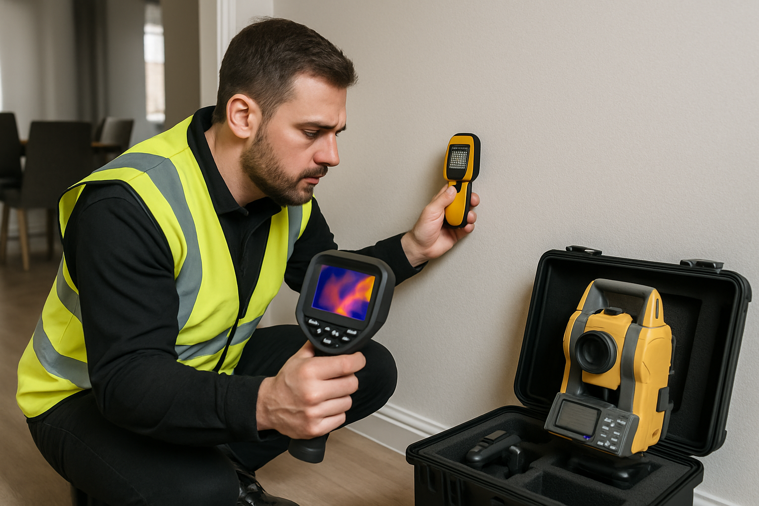 Professional surveyor conducting damp assessment in residential property, using advanced moisture detection equipment, thermal imaging camer