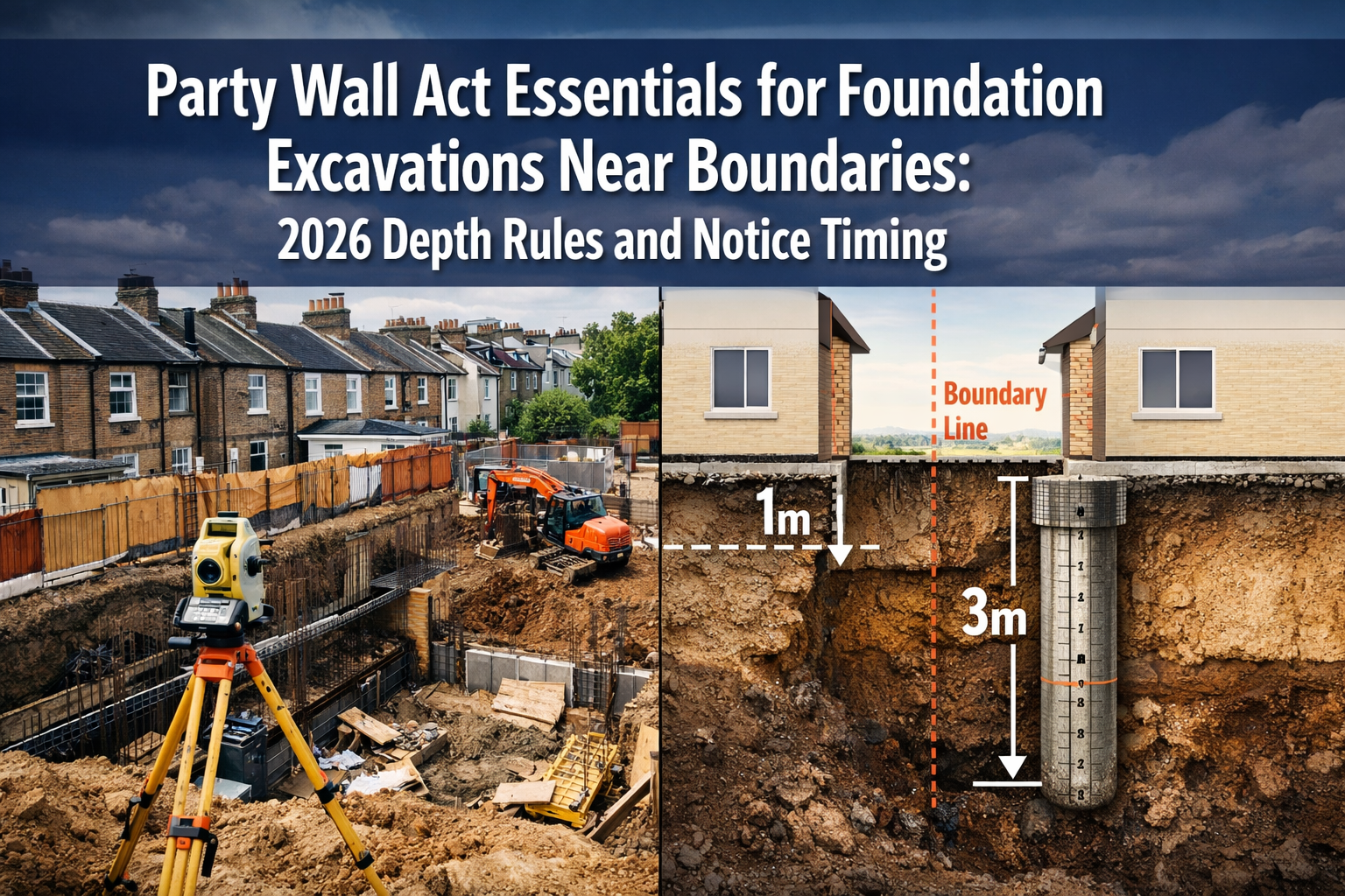 Professional () hero image with : 'Party Wall Act Essentials for Foundation Excavations Near Boundaries: 2026 Depth Rules