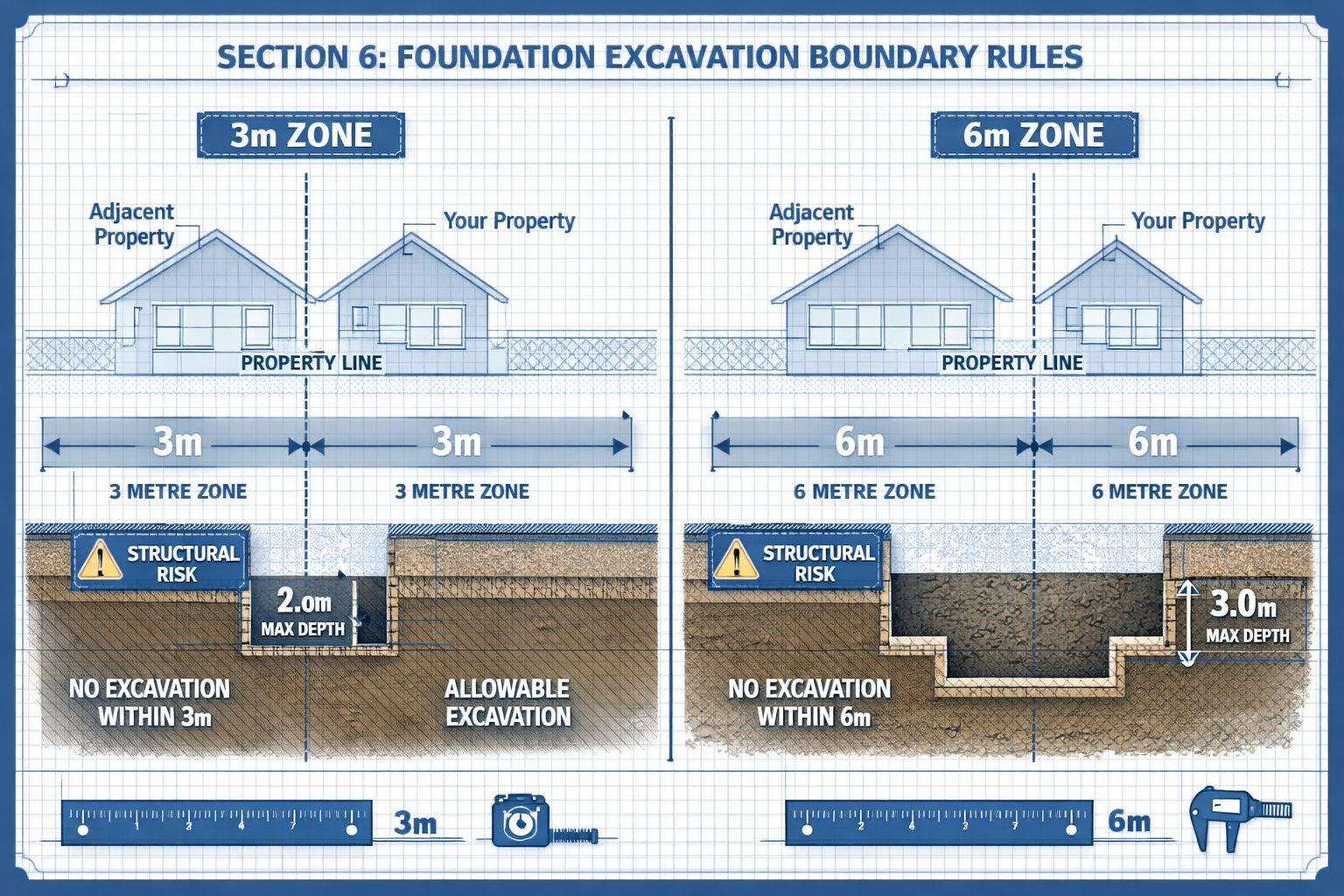 Technical architectural diagram illustrating Section 6 foundation excavation boundary rules, showcasing 3-metre and 6-metre