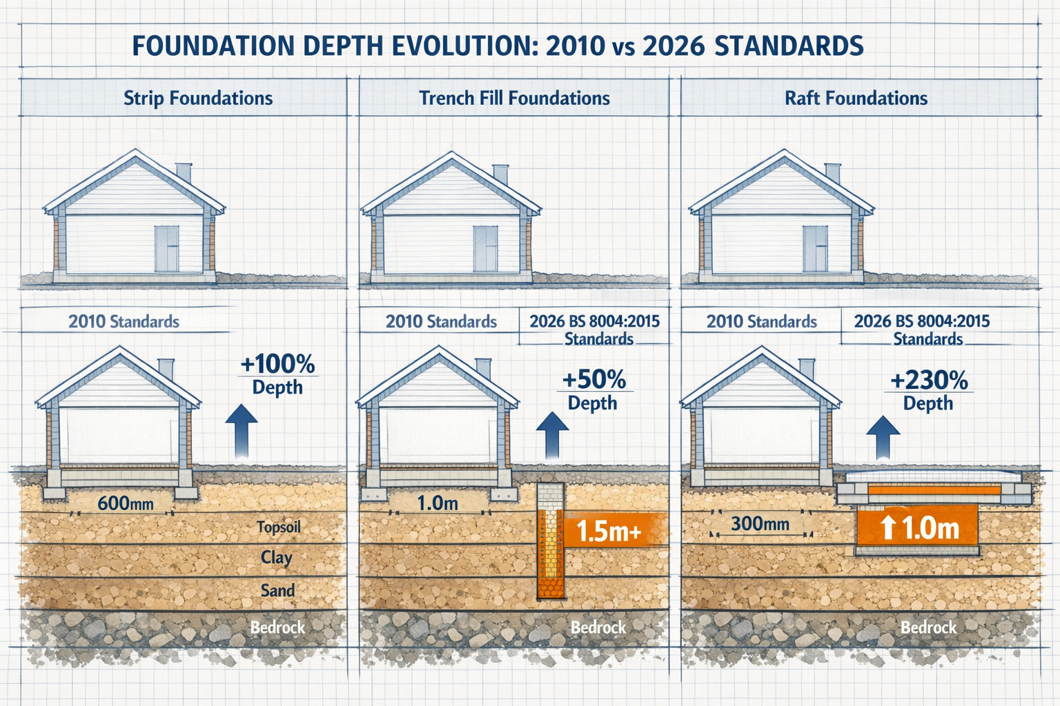 Detailed () comparison chart showing modern foundation depth evolution from 2010 to 2026. Split into three columns