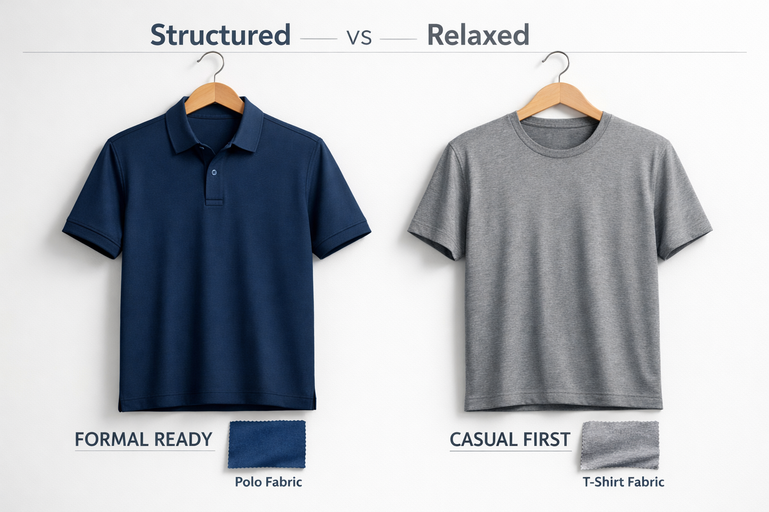 Landscape format (1536x1024) detailed comparison image showing side-by-side premium polo and t-shirt on modern hangers against clean white b