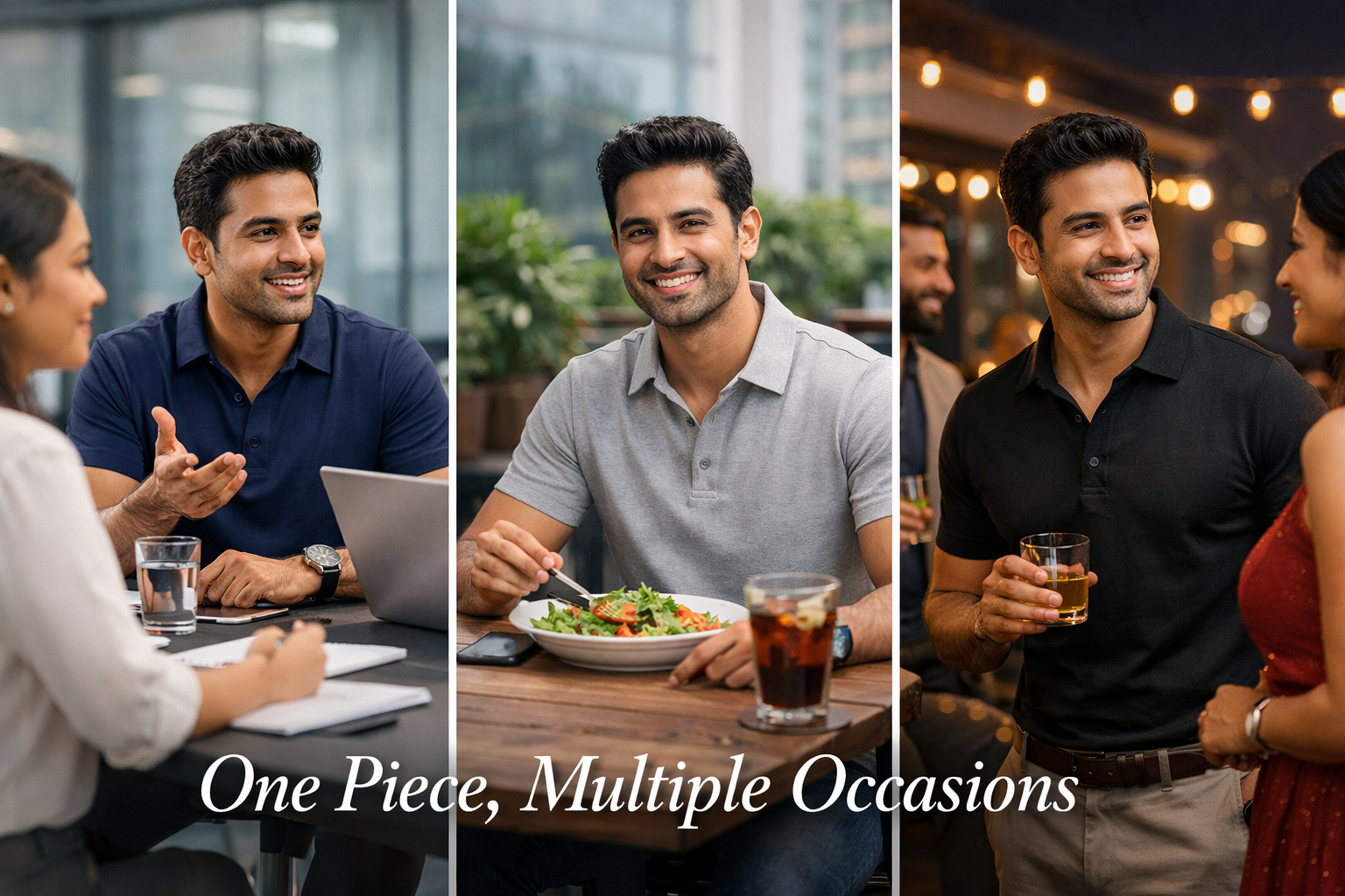 Landscape format (1536x1024) lifestyle image showing urban professional man in premium polo transitioning through different settings - offic