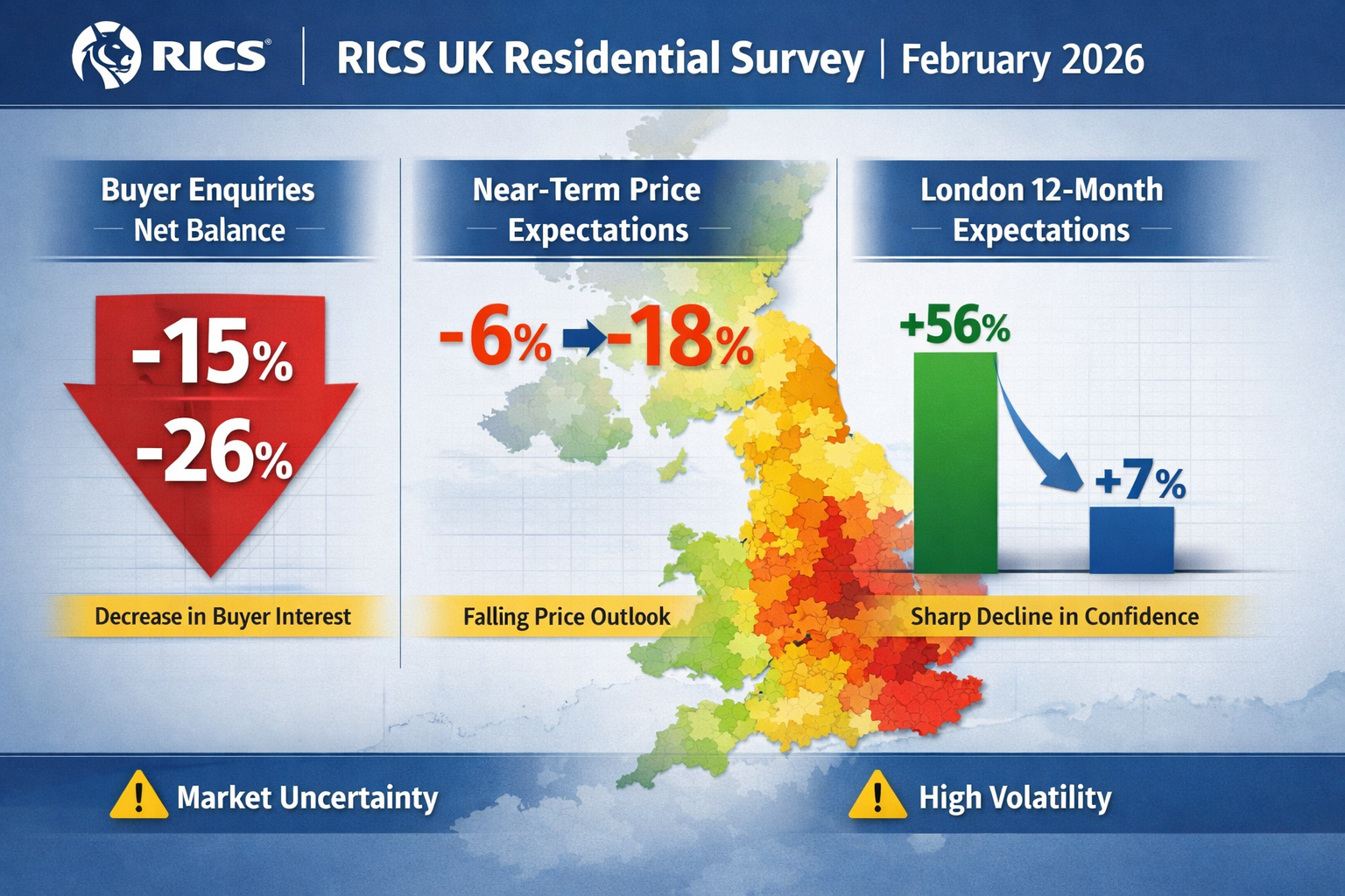 () detailed infographic showing RICS UK Residential Survey February 2026 data visualization with three prominent statistics: