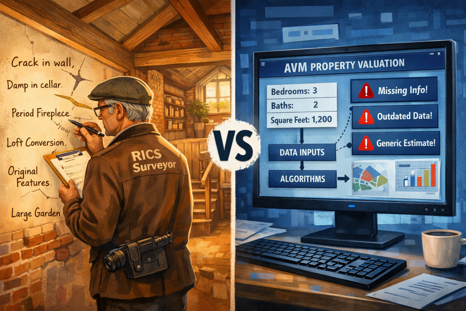 () conceptual comparison illustration showing two contrasting valuation approaches side-by-side: left panel depicts