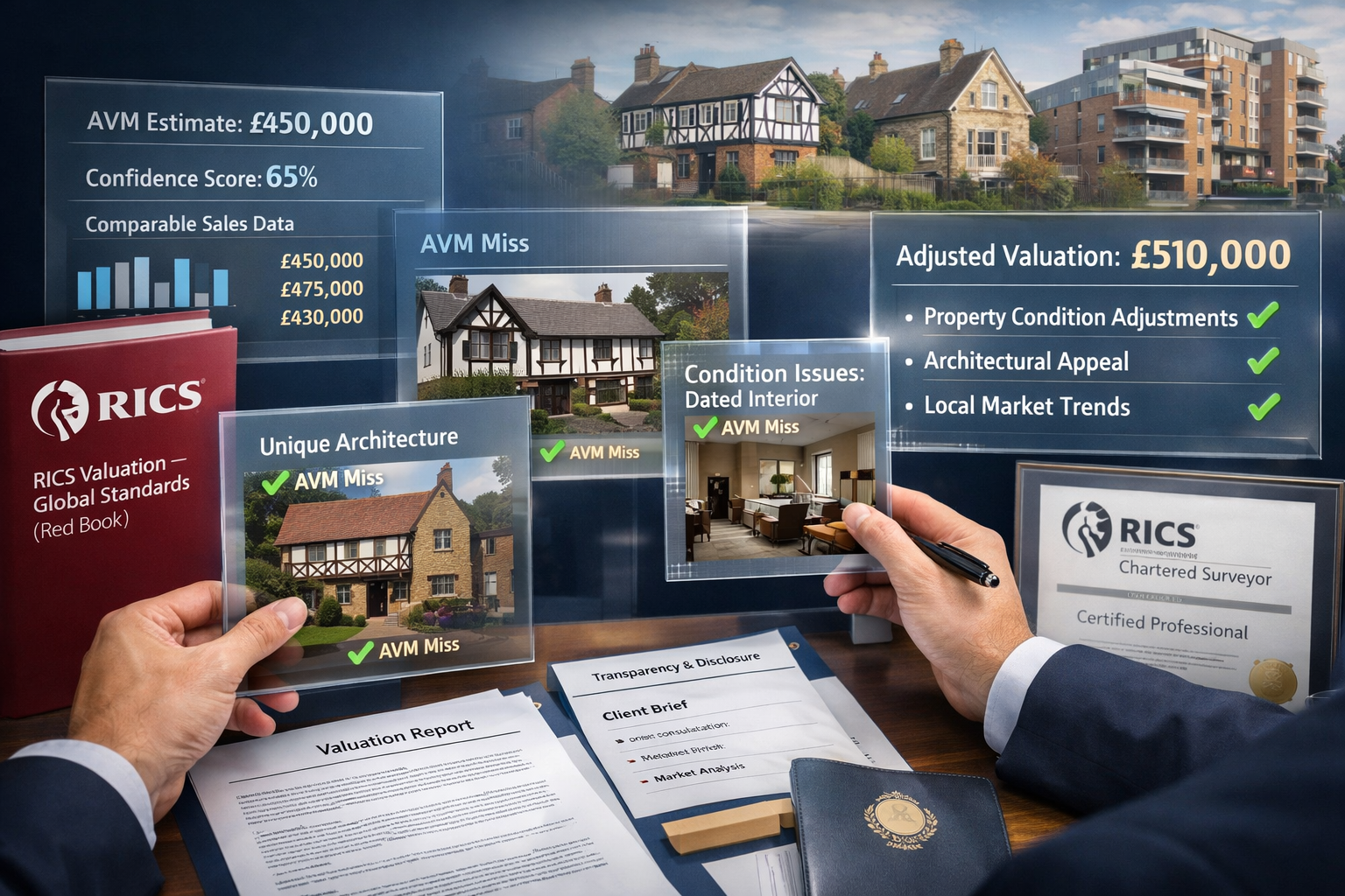 () professional strategic decision-making scene showing RICS chartered surveyor at modern desk reviewing comprehensive