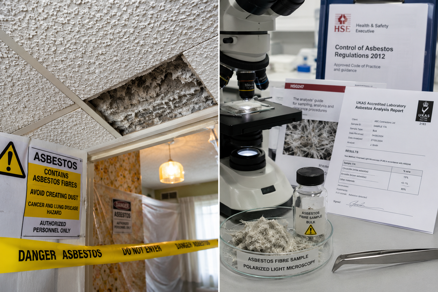 Detailed macro photography split-panel image: left side shows asbestos-containing ceiling tiles and textured artex surface
