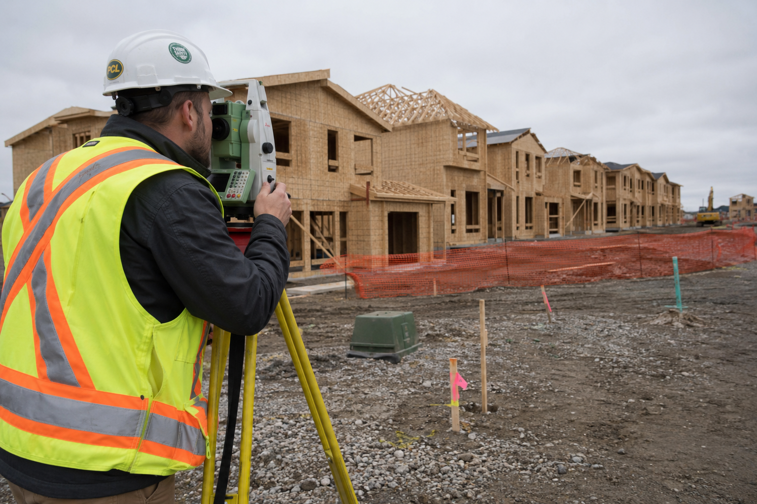 Wide-angle ground-level photograph of a licensed surveyor using a total station instrument on a tripod at the edge of a