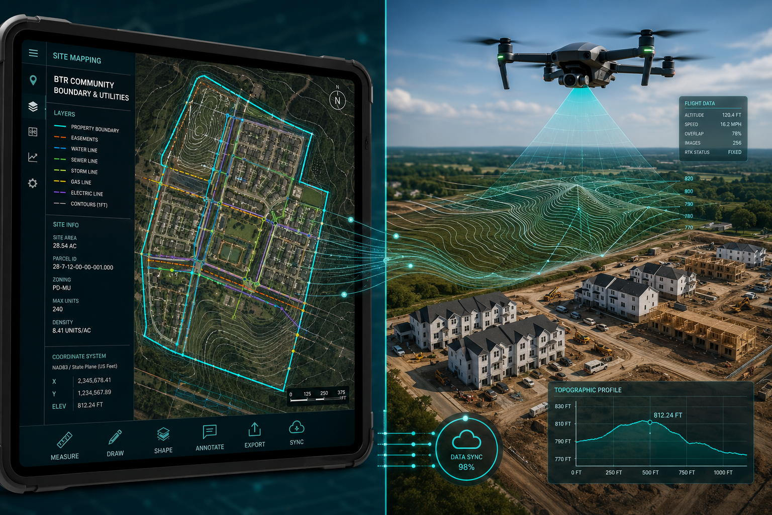 Split-panel infographic illustration showing left side: a tablet screen displaying a GPS boundary mapping interface with