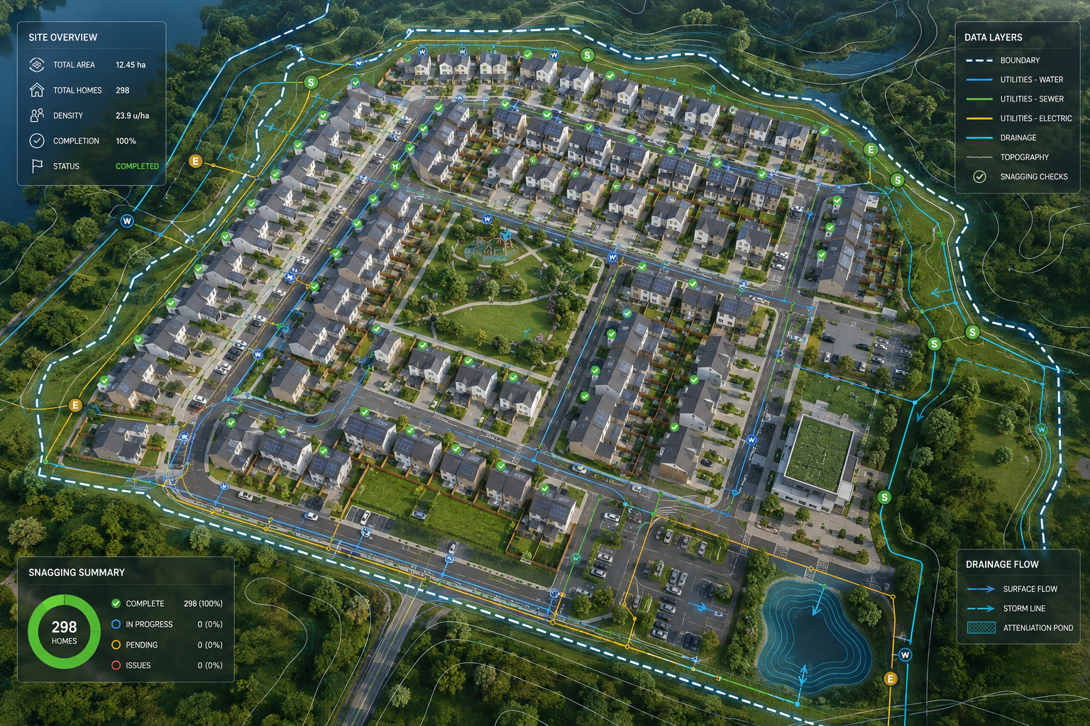 Overhead bird's-eye perspective of a completed build-to-rent community showing uniform modern homes arranged in a planned