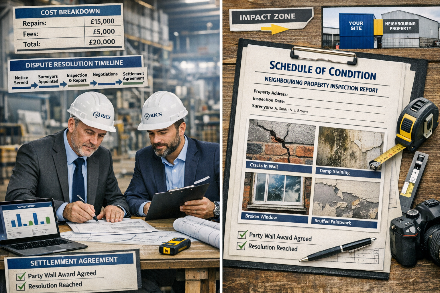 Detailed landscape format (1536x1024) image showing dispute resolution scenario at manufacturing facility party wall site. Split-screen comp