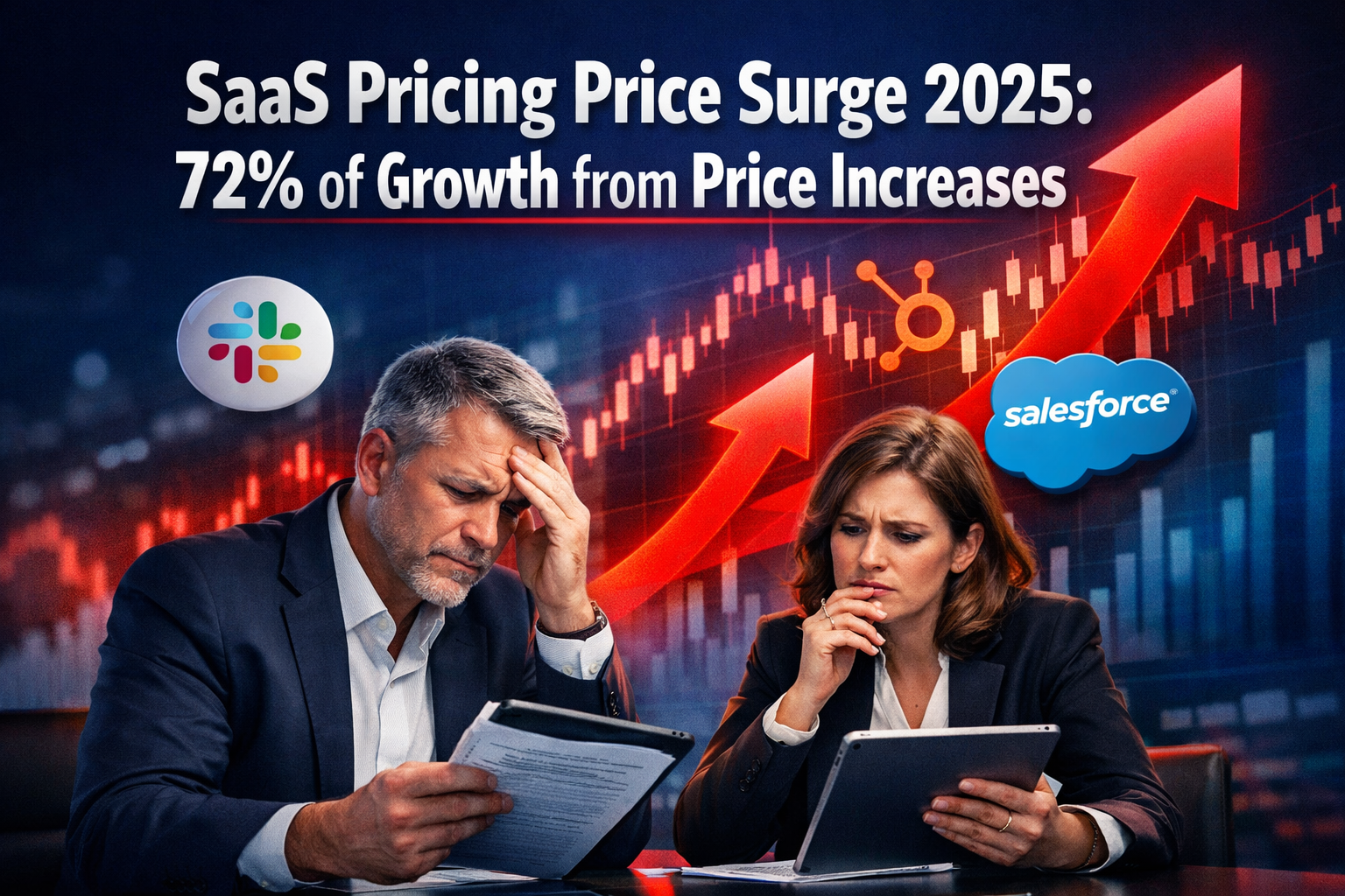 Professional landscape format (1536x1024) hero image featuring bold text overlay 'SaaS Pricing Price Surge 2025: 72% of Growth from Price In