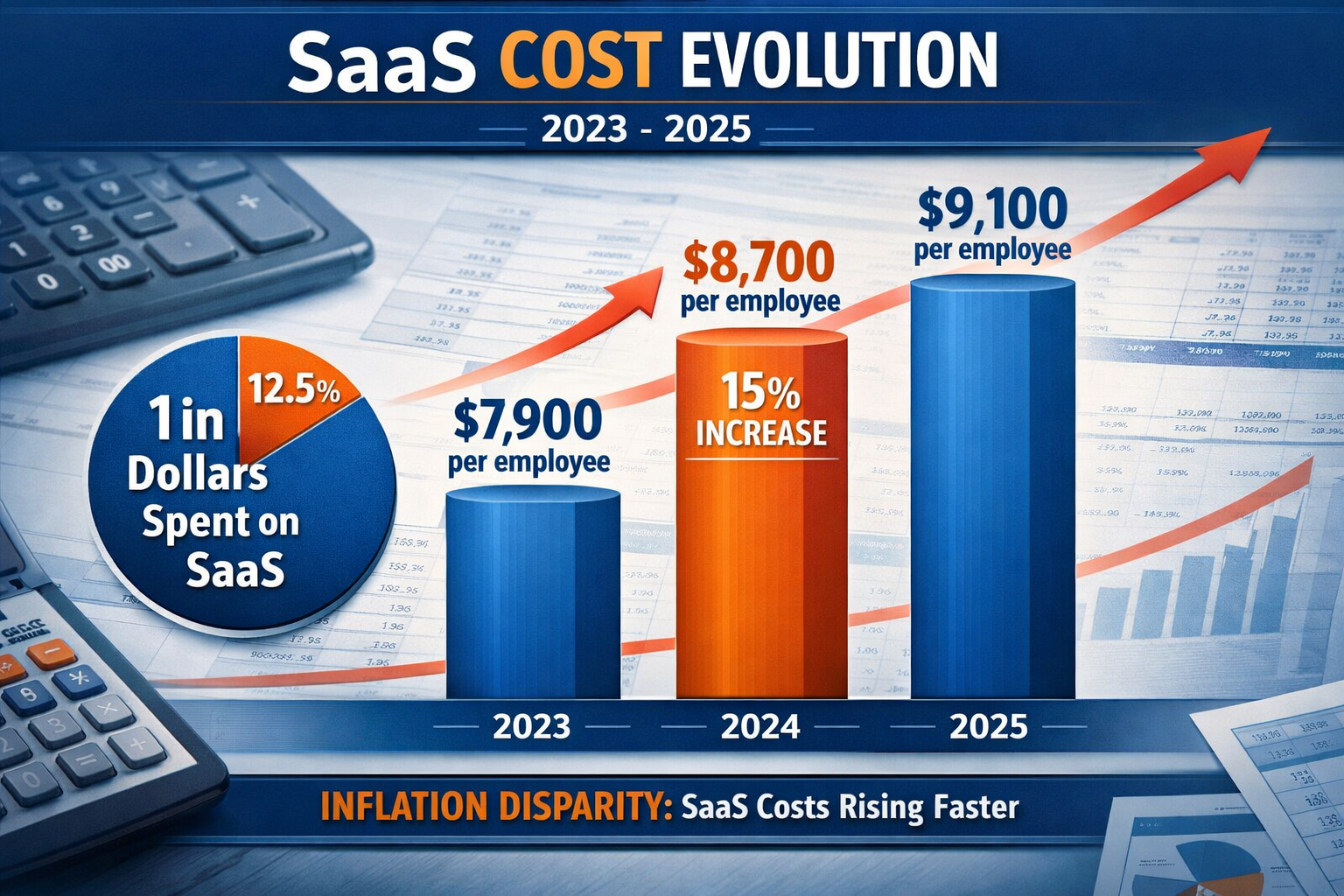 Landscape format (1536x1024) detailed infographic showing SaaS cost evolution from 2023 to 2025, featuring three vertical bars representing