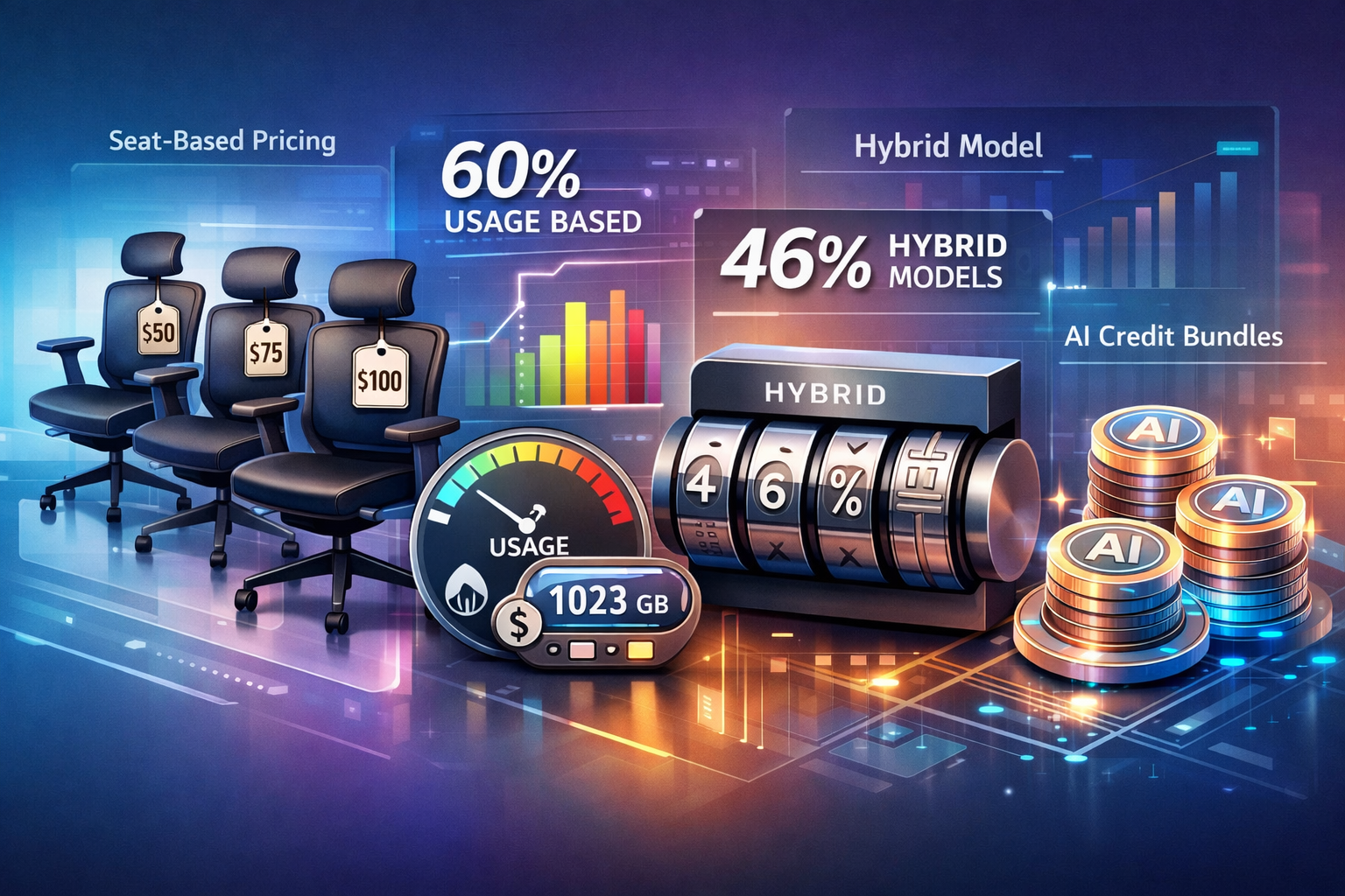 Landscape format (1536x1024) conceptual illustration depicting various SaaS pricing models: traditional seat-based pricing shown as office c