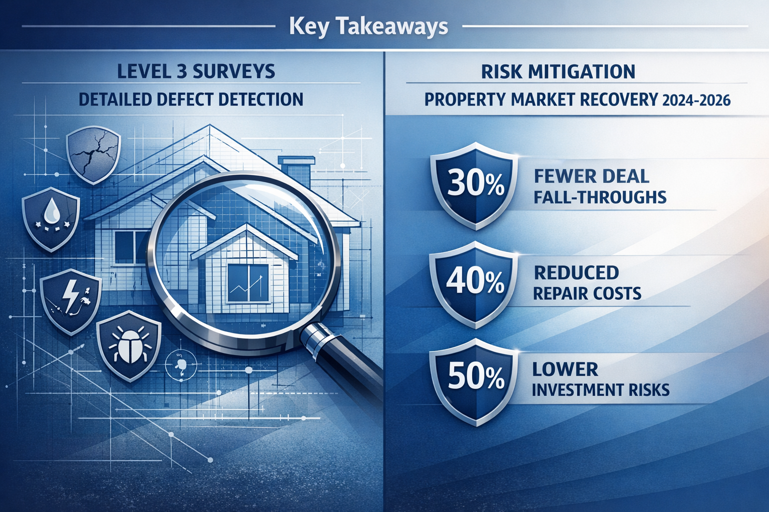 Conceptual infographic for 'Key Takeaways' section illustrating Level 3 Surveys risk mitigation in 2024-2026 property market