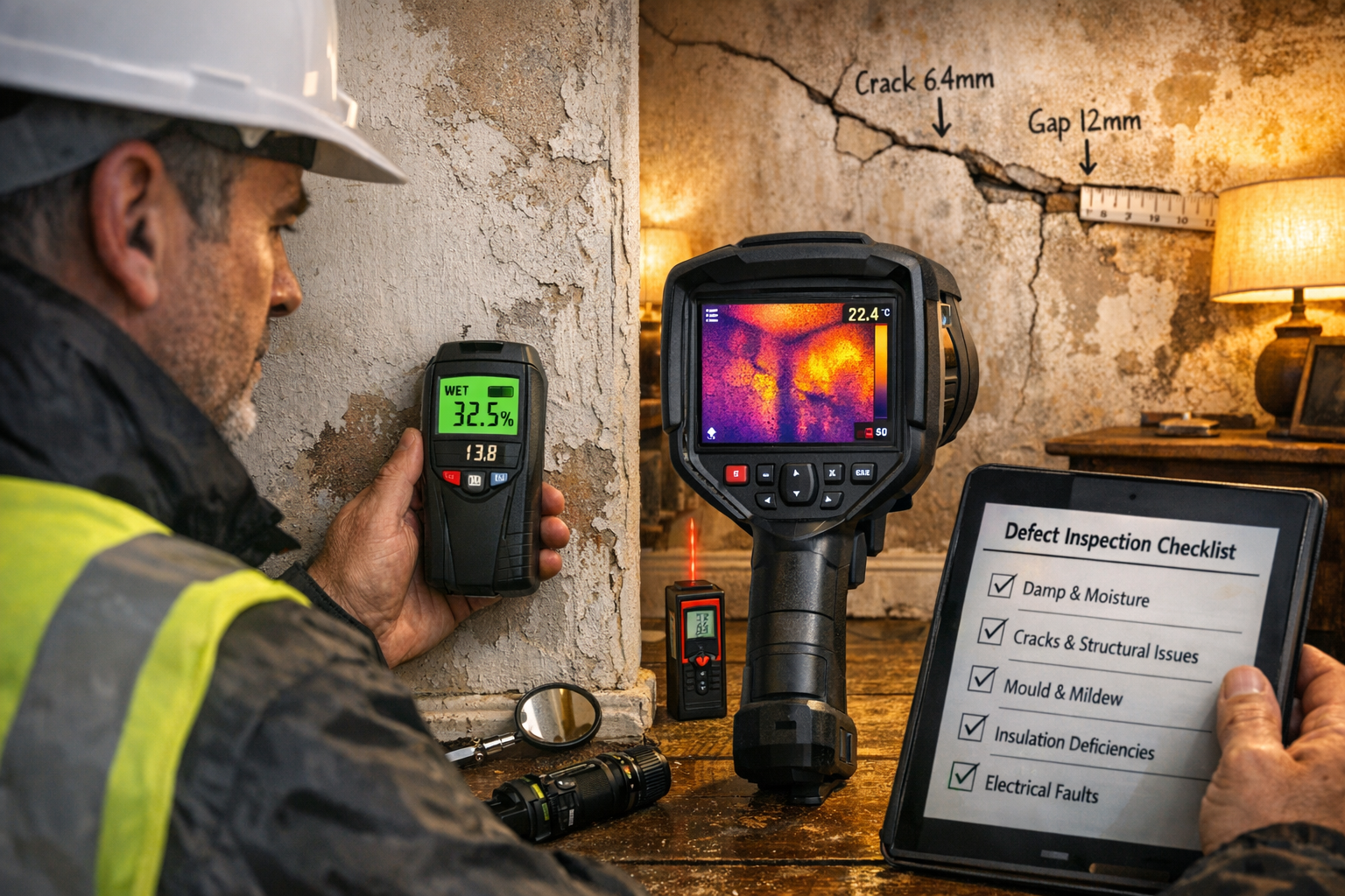 Detailed () image depicting professional surveyor conducting comprehensive property inspection inside period property