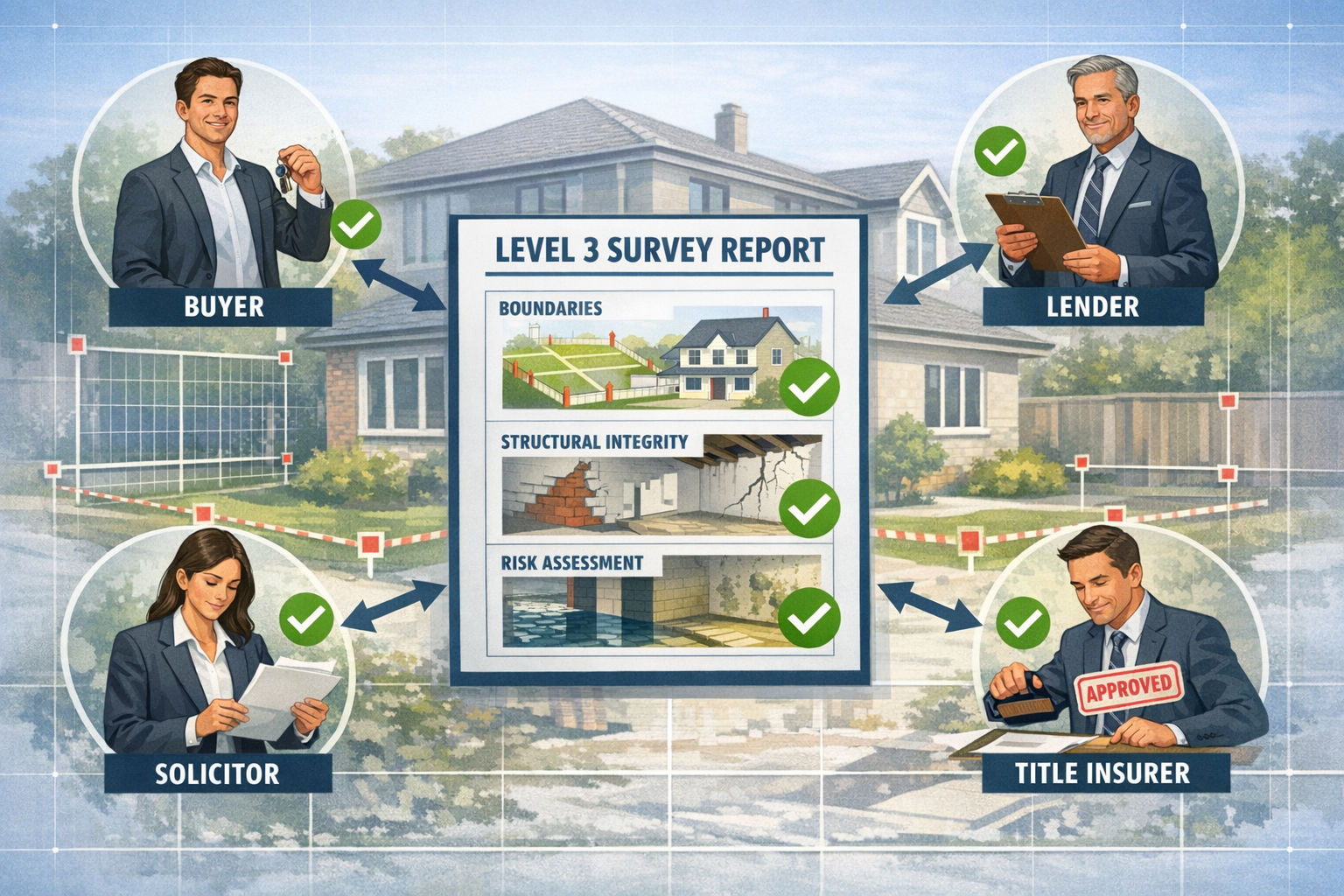Detailed () image showing modern real estate transaction workflow diagram with Level 3 survey positioned as central pillar: