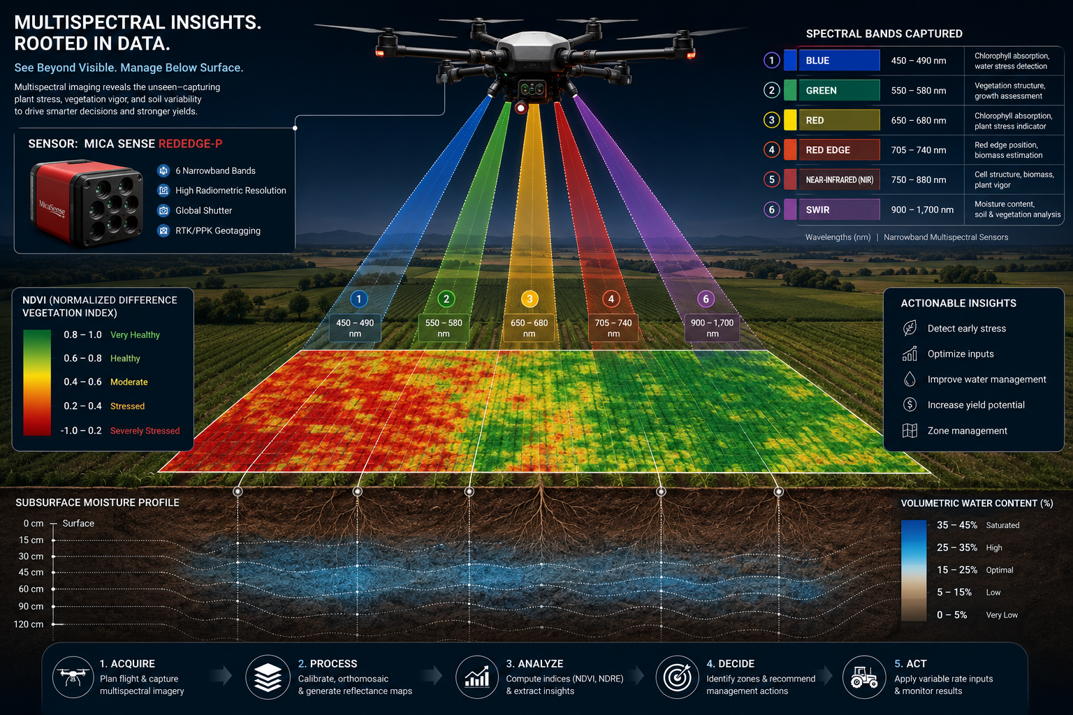 Detailed () infographic-style illustration showing cross-section diagram of drone flying over farmland with multispectral