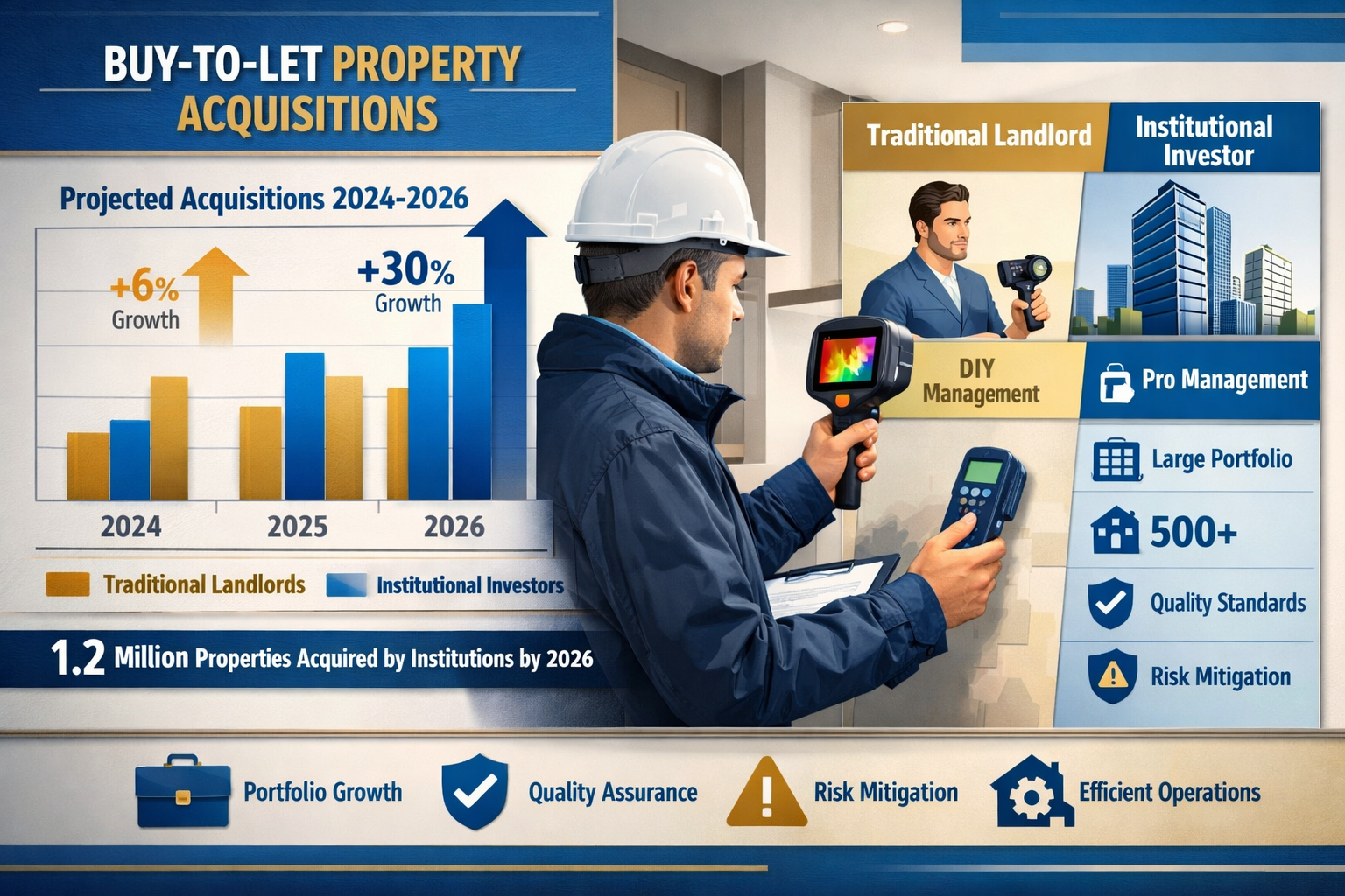 Landscape format (1536x1024) detailed infographic showing institutional landlord growth statistics with bar charts comparing 2024-2026 buy-t