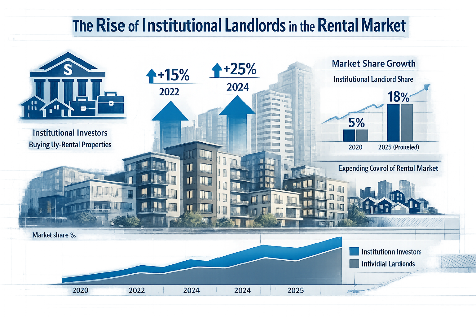 Editorial landscape infographic visualizing the rise of institutional landlords in buy-to-let property markets, featuring a dynamic cityscap