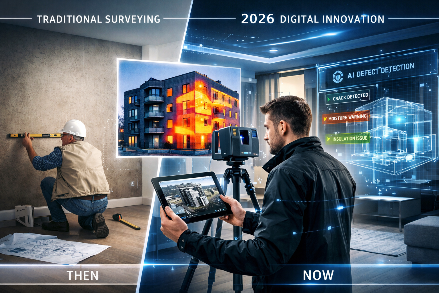 Landscape format (1536x1024) futuristic concept image showing technology-enhanced property surveying with drone inspection footage on tablet