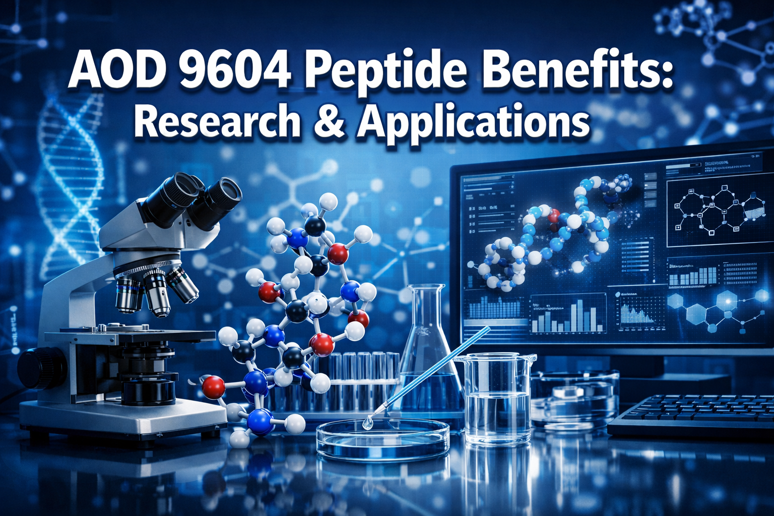 Professional landscape hero image (1536x1024) featuring bold text overlay 'AOD 9604 Peptide Benefits: Research & Applications' in extra larg