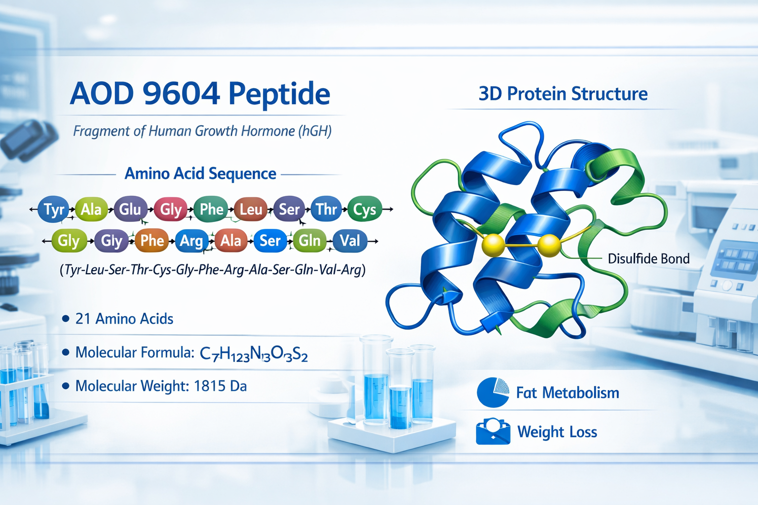Scientific infographic showing AOD 9604 peptide molecular structure with detailed amino acid sequence visualization, 3D protein folding diag