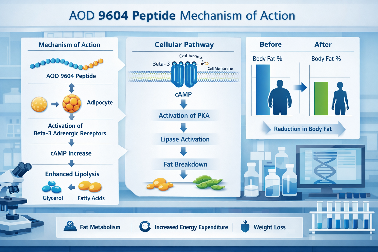 Research data visualization displaying AOD 9604 peptide mechanism of action flowchart, cellular pathway diagrams, before and after compariso