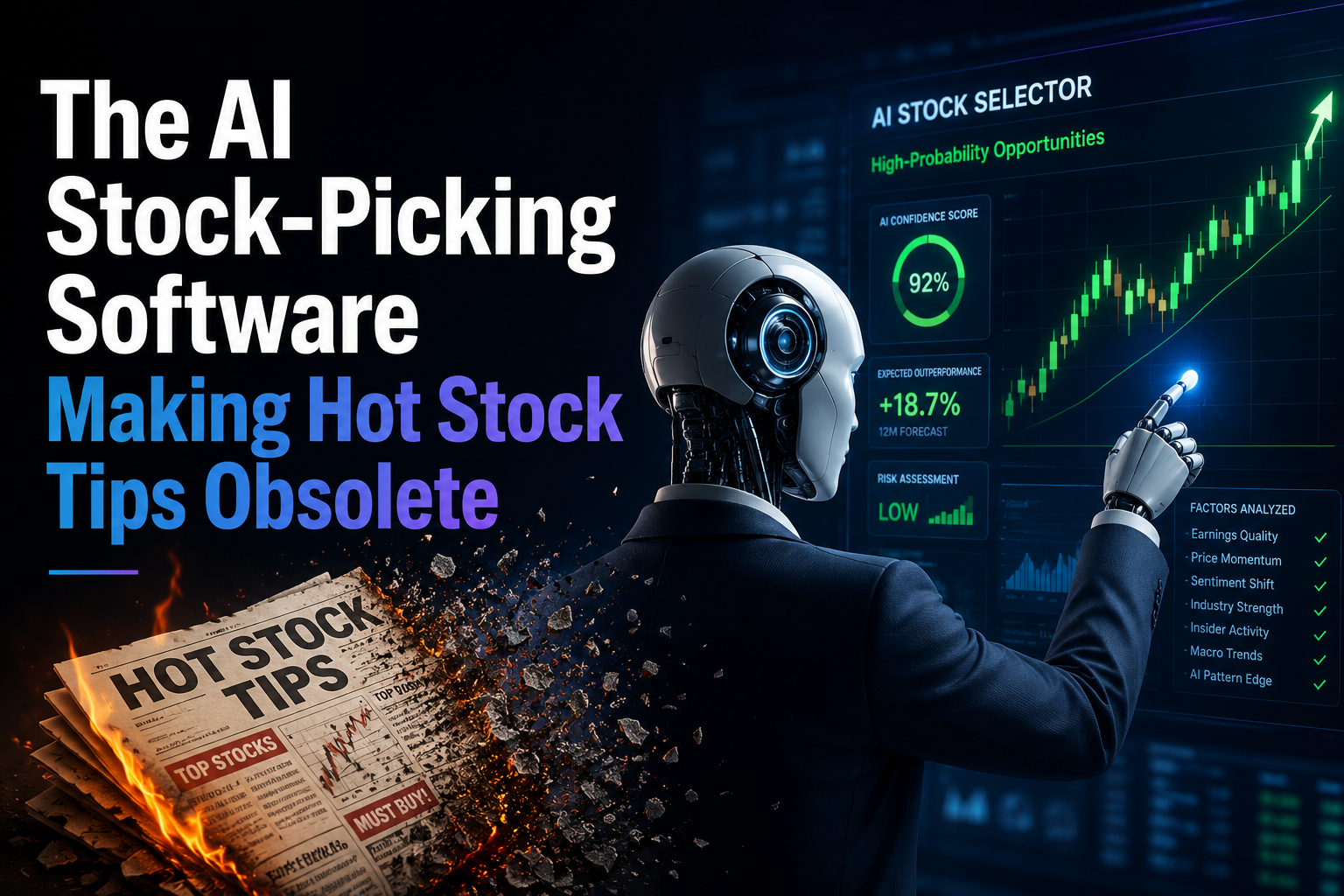 "The AI Stock-Picking Software Making Hot Stock Tips Obsolete". Modern design, , , aesthetic. Background imagery relevant