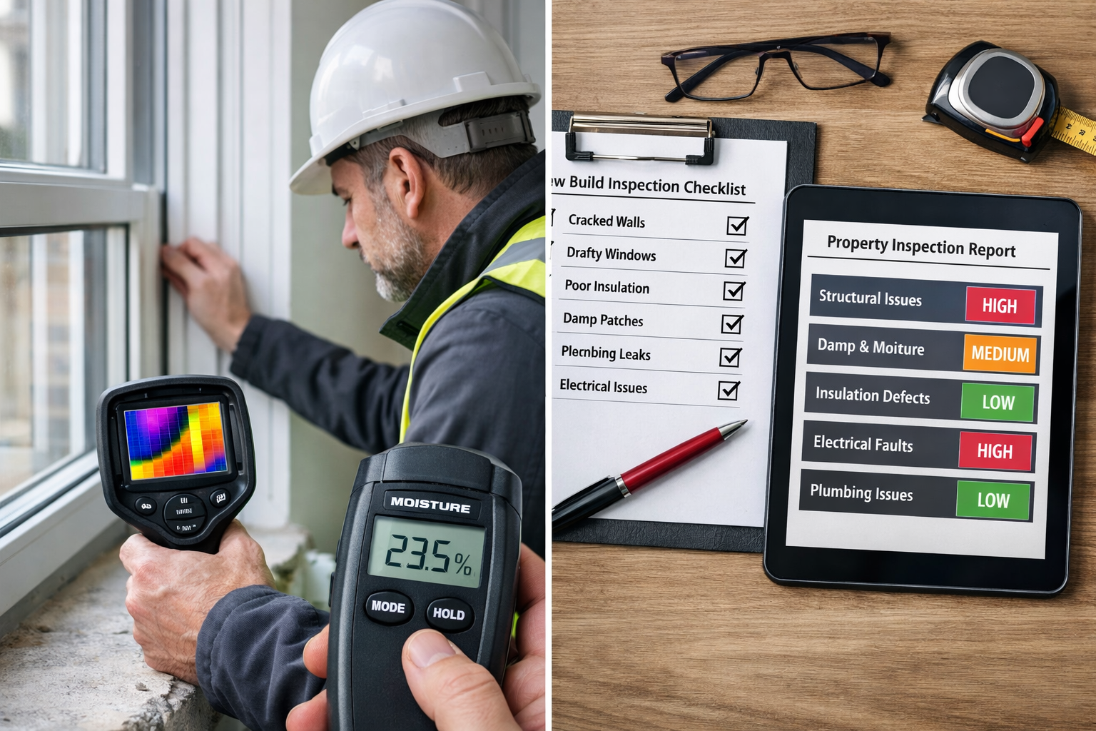 () editorial image showing split-screen composition: left side displays detailed new build property inspection with surveyor