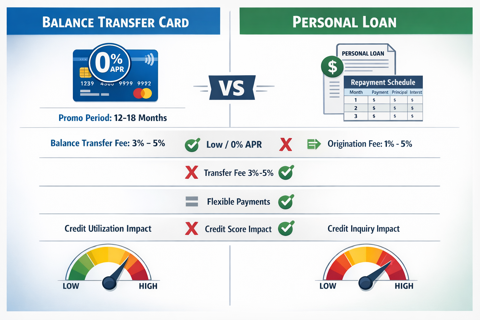Landscape format (1536x1024) comparison visualization showing balance transfer card versus personal loan side-by-side analysis with split-sc