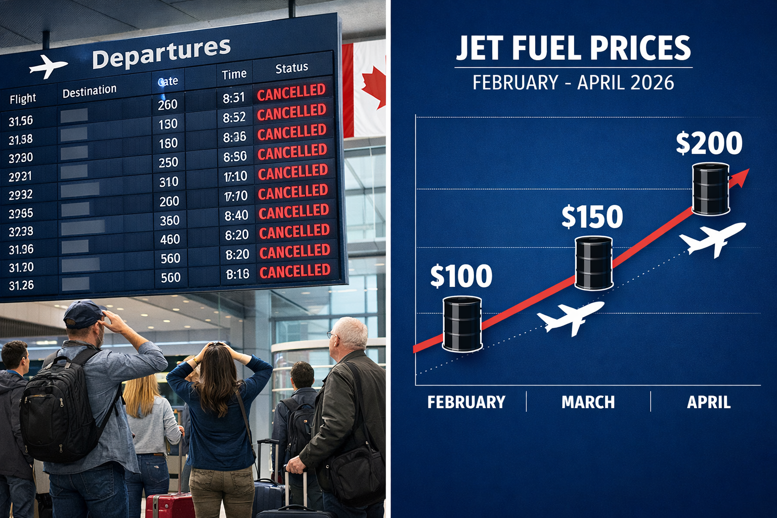 () editorial infographic-style image showing a split-screen composition. Left side depicts a large digital airport departure