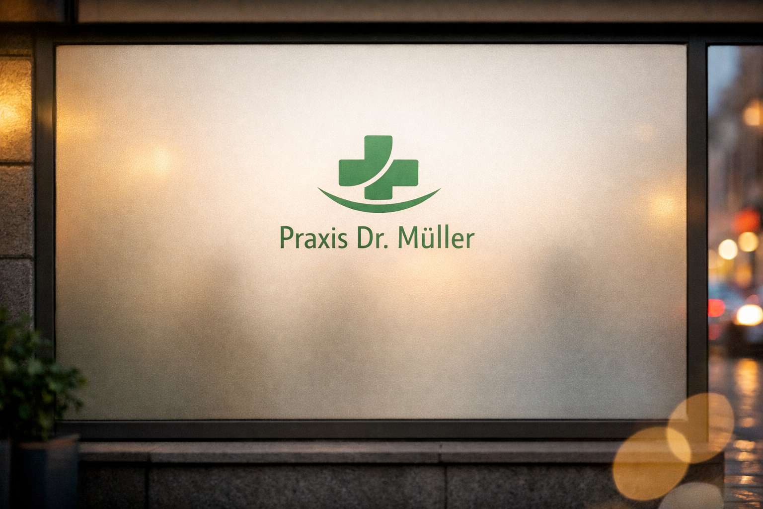 () scene showing a German medical practice waiting room viewed from outside through a ground-floor window with