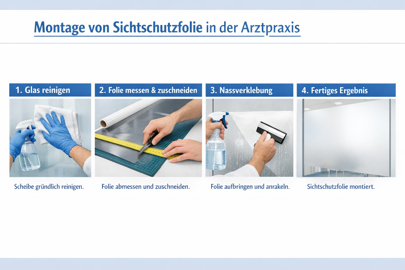 () step-by-step installation process infographic for Sichtschutzfolie in a German Arztpraxis: four sequential panels showing
