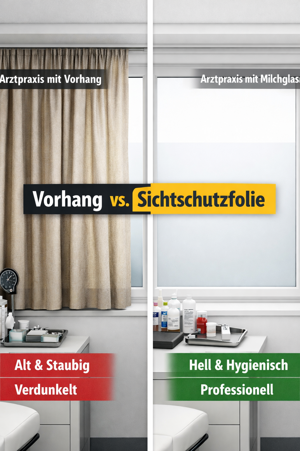 () side-by-side comparison visual: left half shows a German Arztpraxis window with traditional fabric curtains (dusty, hard