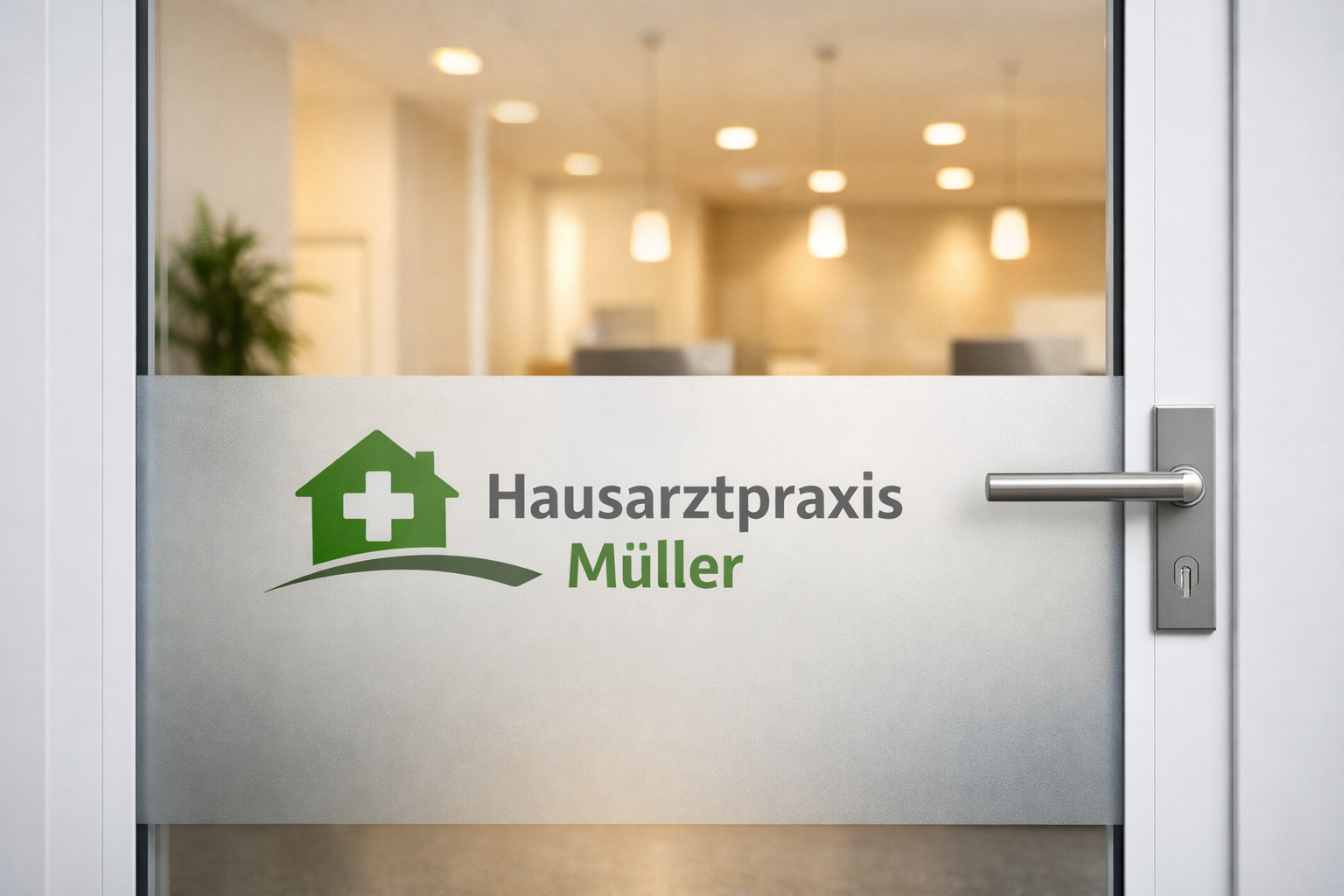 () close-up of a German Arztpraxis glass door with custom Sichtschutzfolie featuring a frosted lower panel and a practice