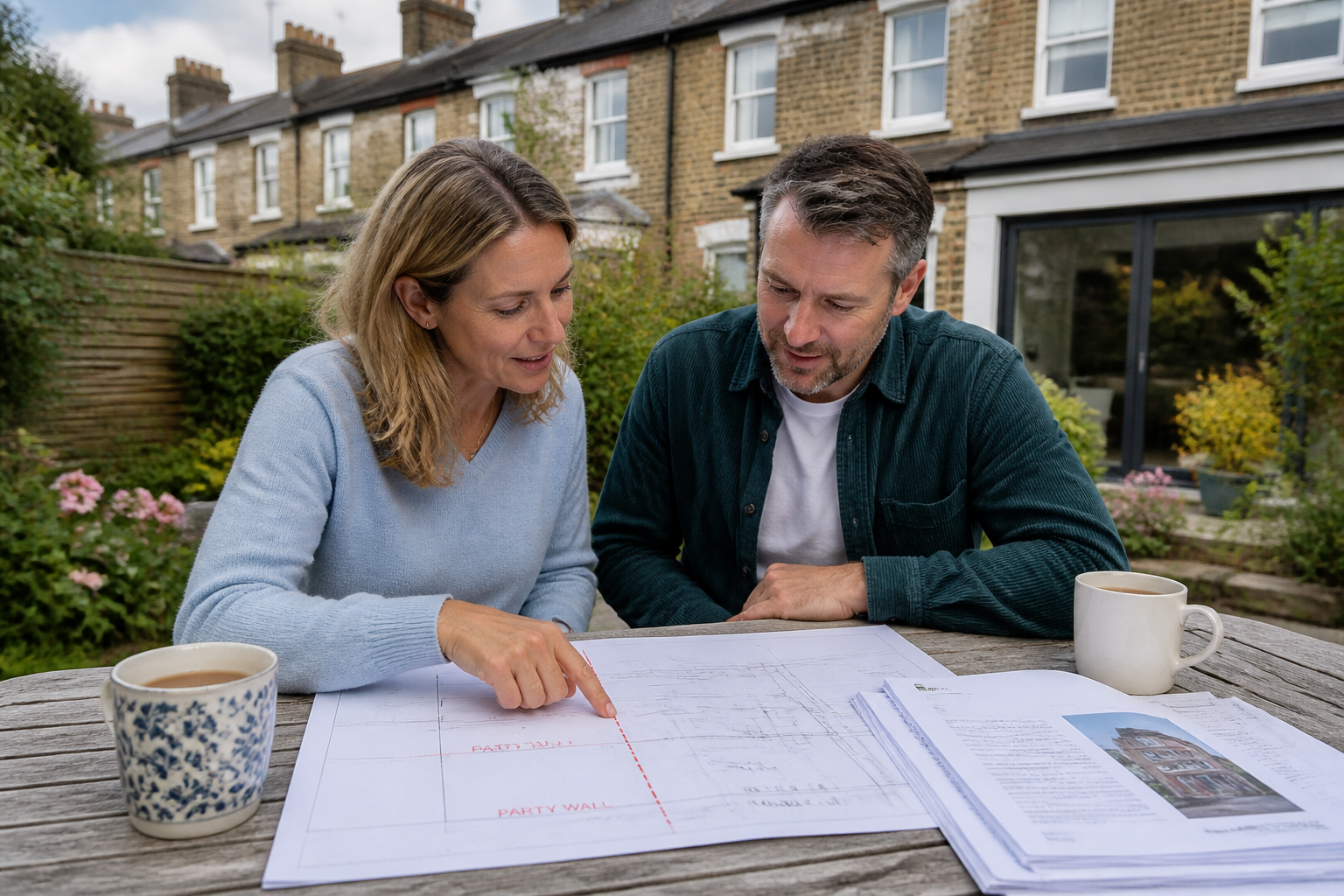 Wide-angle editorial photograph showing two homeowners seated at a garden table reviewing architectural plans and documents