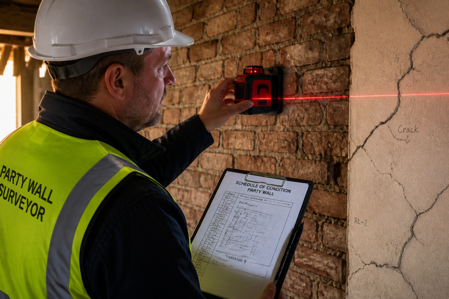 Close-up editorial photograph of a professional party wall surveyor in a hard hat and hi-vis vest using a laser level device