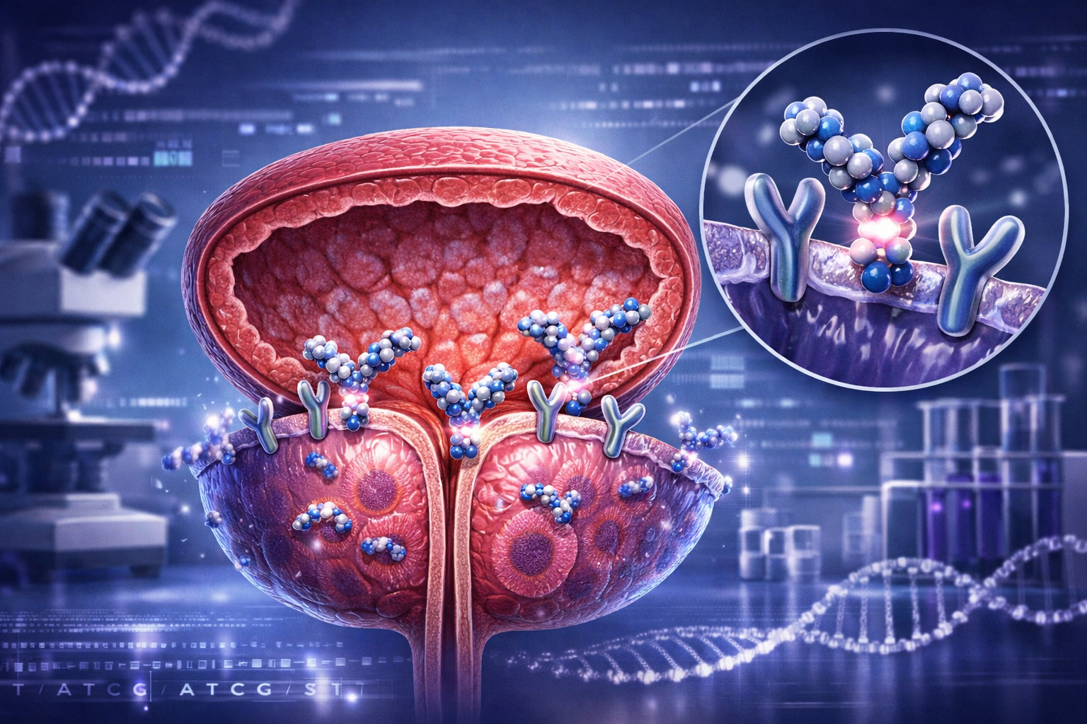 A detailed, editorial quality landscape image (1536x1024) illustrating the intricate mechanisms of the prostamax peptide bioregulator. The i
