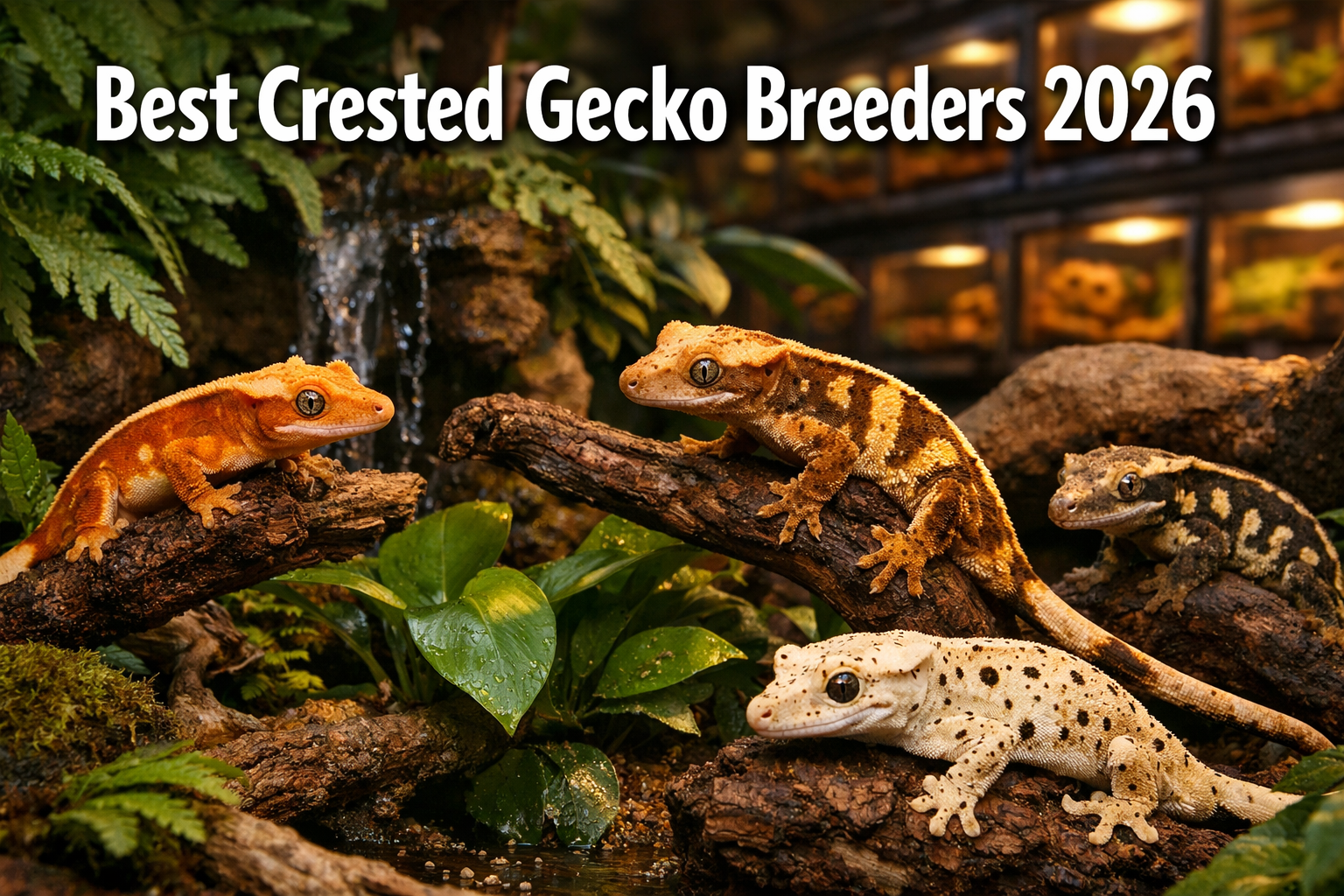 Professional landscape format (1536x1024) hero image featuring bold text overlay 'Best Crested Gecko Breeders 2026' in extra large 72pt whit