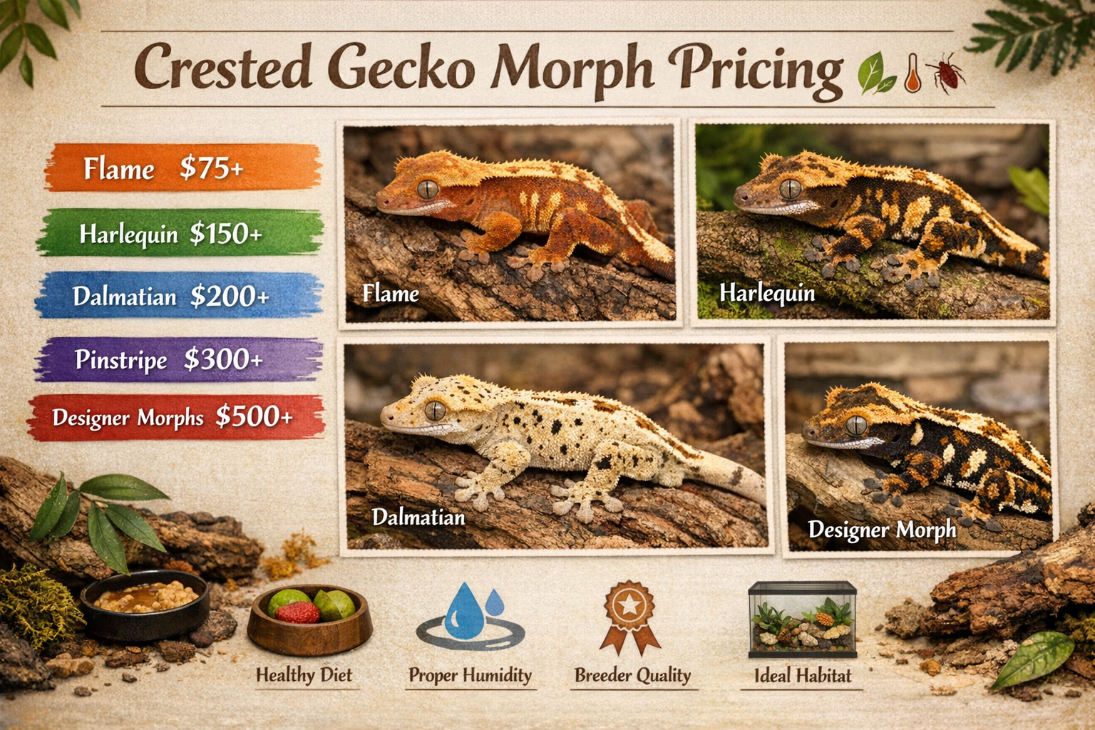 Professional landscape format (1536x1024) image depicting crested gecko morph pricing chart with beautiful gecko photos showcasing flame, ha