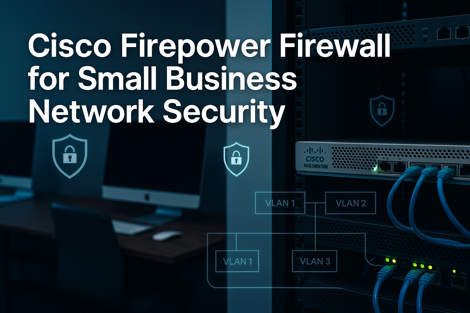 Professional landscape hero image (1536x1024) featuring bold text overlay 'Cisco Firepower Firewall for Small Business Network Security' in 