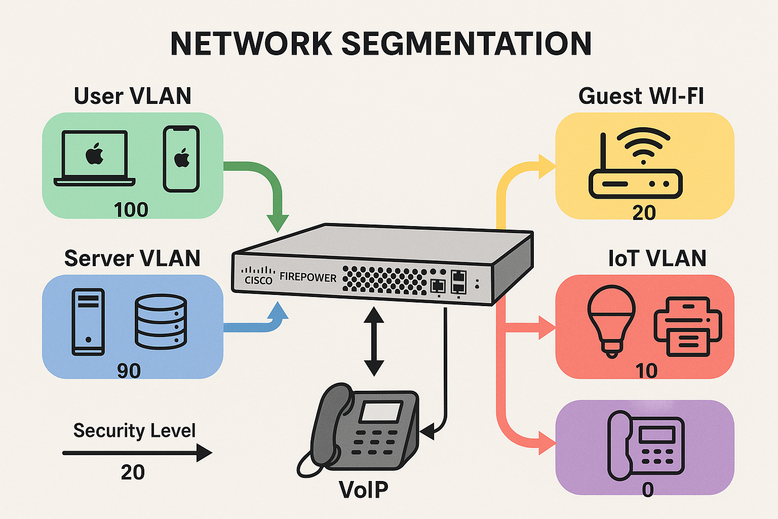 Detailed network segmentation diagram showing typical small business layout with Cisco Firepower firewall at center, multiple colored VLAN s