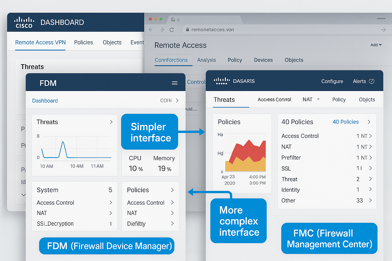 Comprehensive Cisco Firepower management interface comparison showing side-by-side screenshots of FDM (Firewall Device Manager) and FMC (Fir