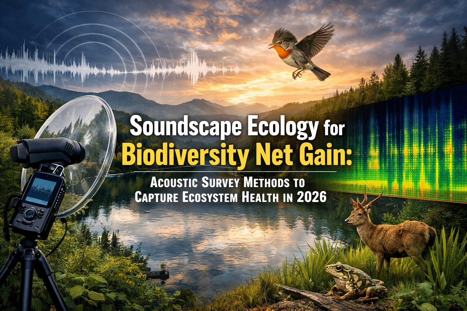 Professional landscape hero image () with : "Soundscape Ecology for Biodiversity Net Gain: Acoustic Survey Methods to