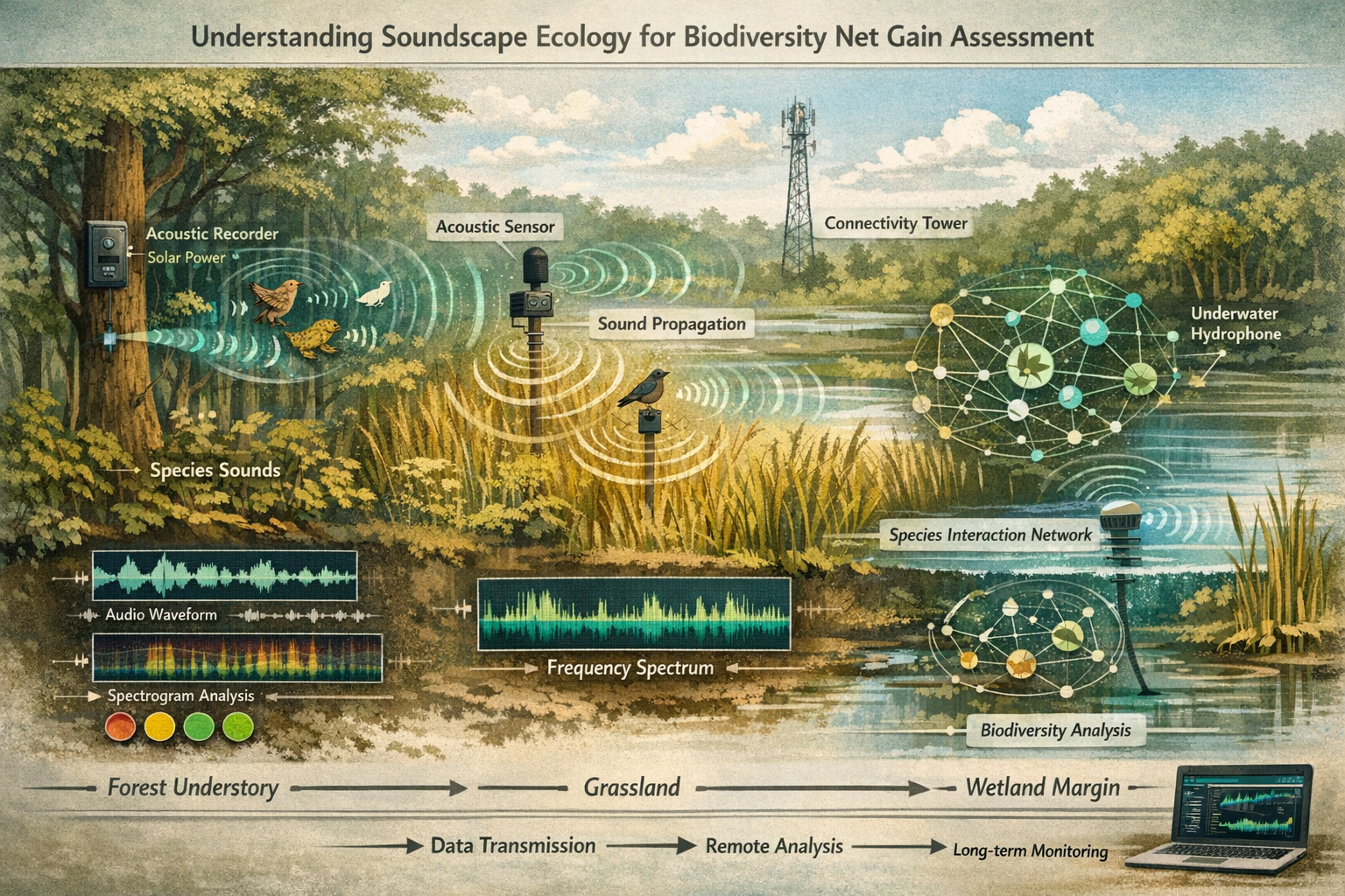 Comprehensive scientific illustration for 'Understanding Soundscape Ecology for Biodiversity Net Gain Assessment' depicting
