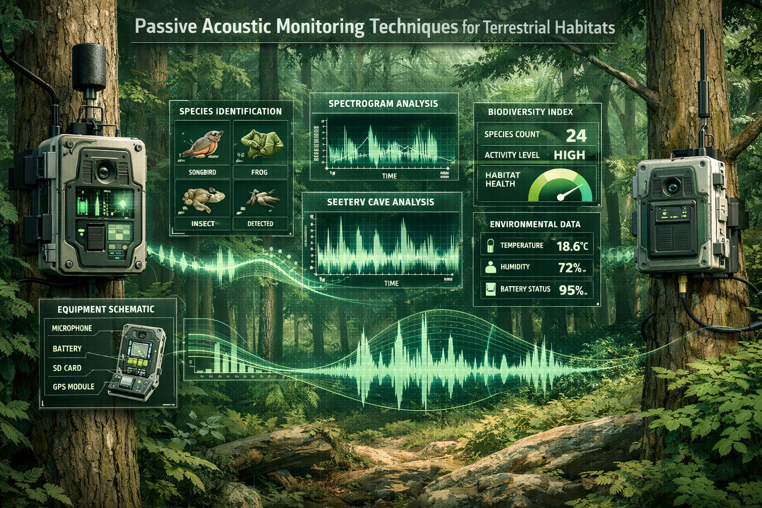 Technical field research visualization for 'Passive Acoustic Monitoring Techniques for Terrestrial Habitats' showing