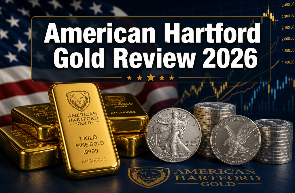 Professional () hero image with : 'American Hartford Gold Review 2026' in extra large white with dark drop , centered upper