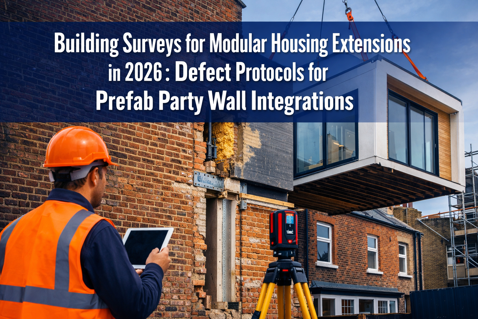 Professional () hero image with 'Building Surveys for Modular Housing Extensions in 2026: Defect Protocols for Prefab Party