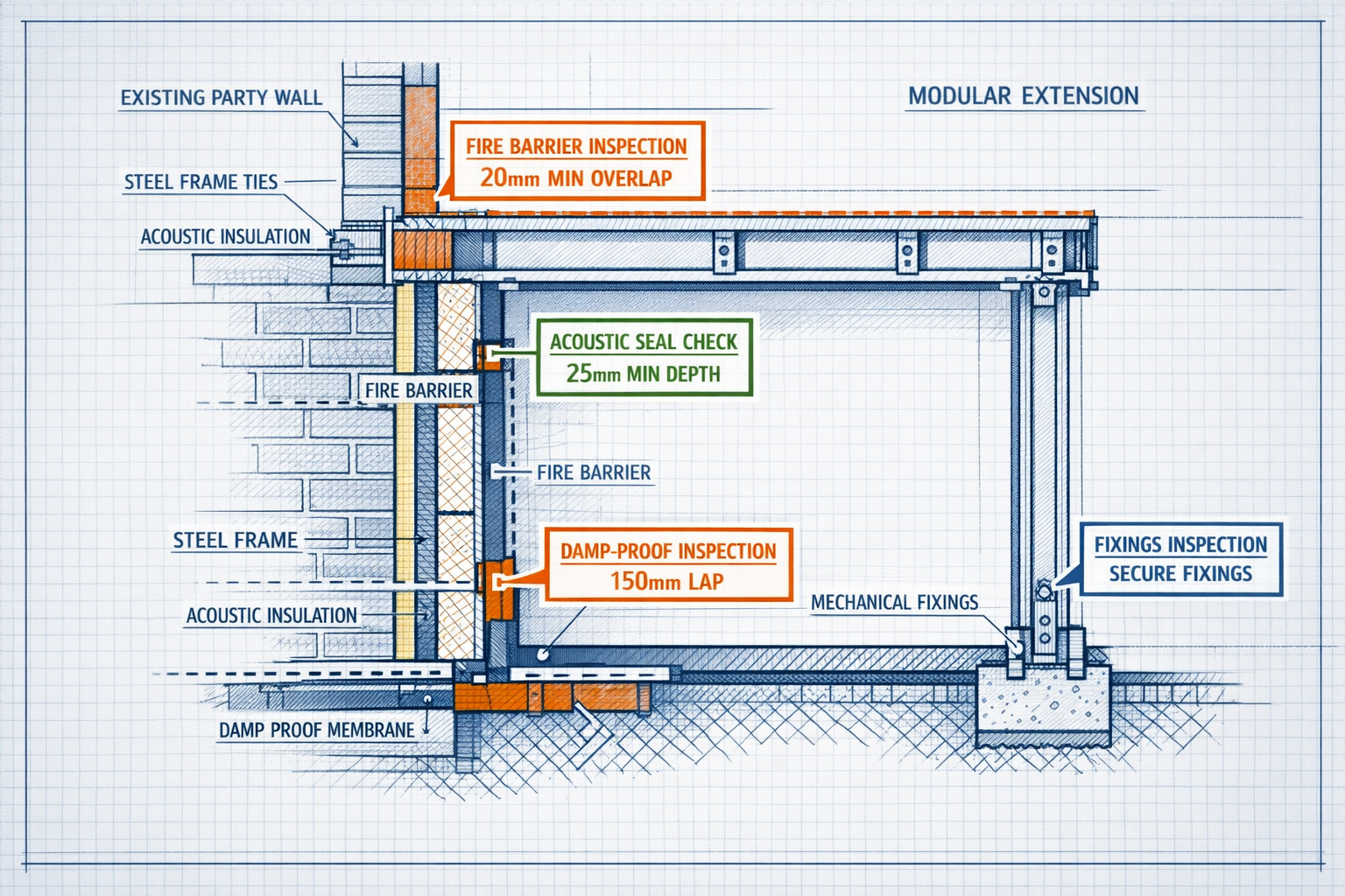 Detailed () technical illustration showing cross-sectional cutaway view of modular extension unit connecting to existing