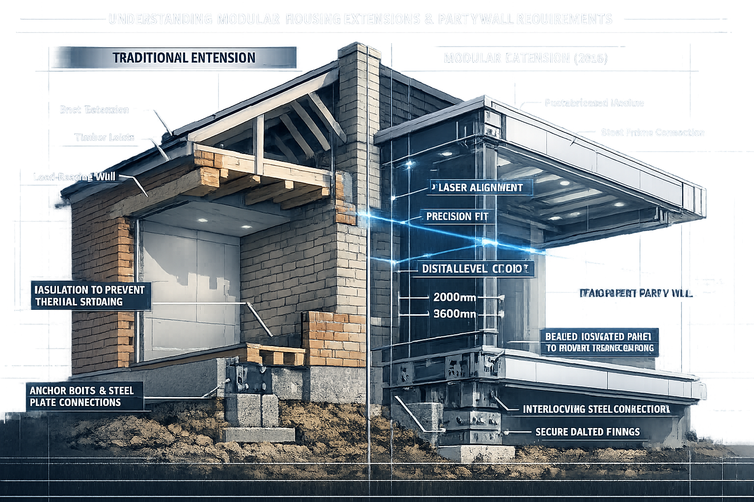 Technical architectural visualization showcasing 'Understanding Modular Housing Extensions and Party Wall Requirements' with